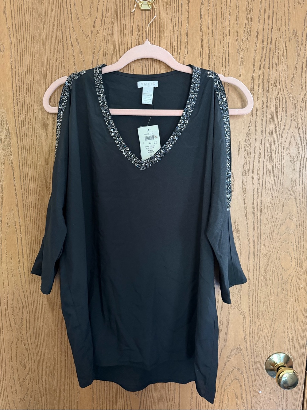 Cache Black V-Neck Cold-Shoulder top with Beaded Trim